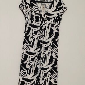 Ann Taylor Black and White Abstract Midi Dress $64 Sz‎ L 93% Cotton 7% Spandex